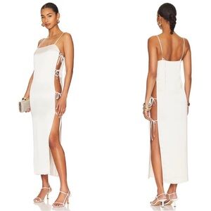 L’Acadamie Anor High Shine Side Tie Satin Slip Midi Dress in Creme Medium NWOT
